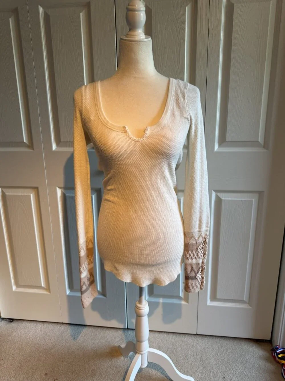 Free People Kombucha Cuff Thermal Top Ivory Waffle Knit Crochet Women's Medium